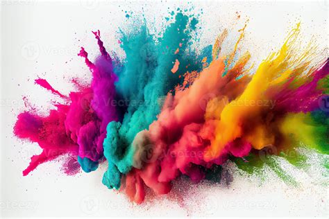 colorful rainbow holi paint color powder explosion isolated white wide ...
