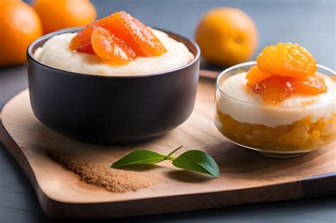 Premium AI Image | a bowl of fruit on a wooden board with a bowl of ...