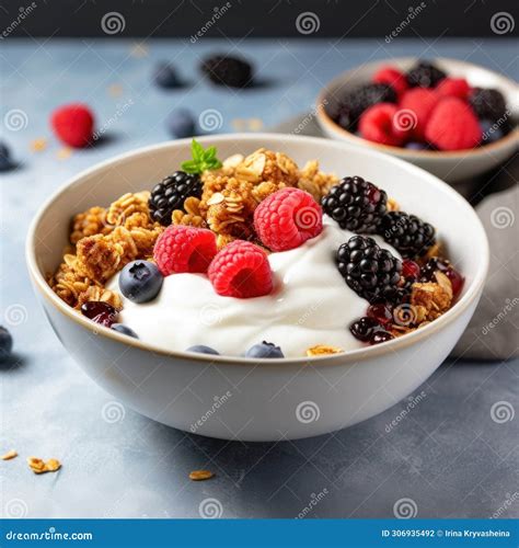 A Bowl of Greek Yogurt Topped with Granola, Mixed Berries, and a ...
