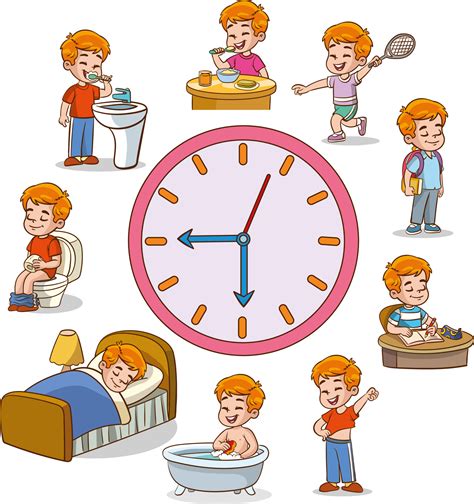 Daily routine with simple clocks.Vector set with kid. Funny cartoon character. Vector ...