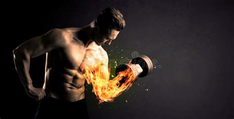 Bodybuilder Athlete Lifting Weight with Fire Explode Arm Concept Stock ...
