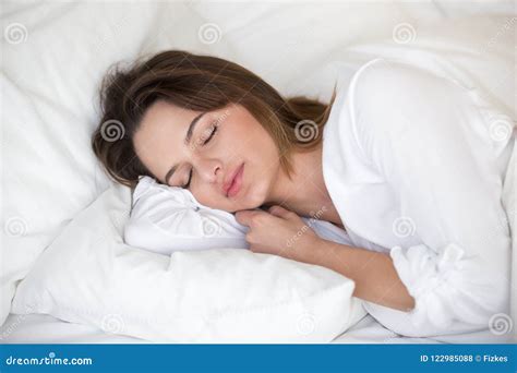 Calm Pretty Woman Sleeping Peacefully on White Sheets in Bed Stock Photo - Image of mattress ...