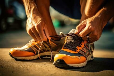 AI generated Runner tying shoelaces on running shoes. Close up of male ...