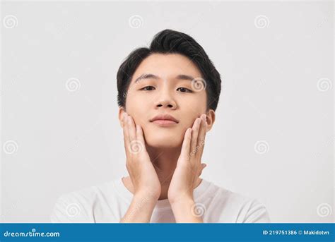 Men Face Care. Man Touching Smooth Skin after Shaving Stock Photo ...