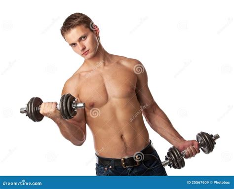 Muscular Young Man Lifting Weights Stock Image - Image of looking ...