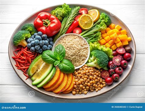 A Balanced Plate With Portions Of Protein, Vegetables, And Grains Stock ...