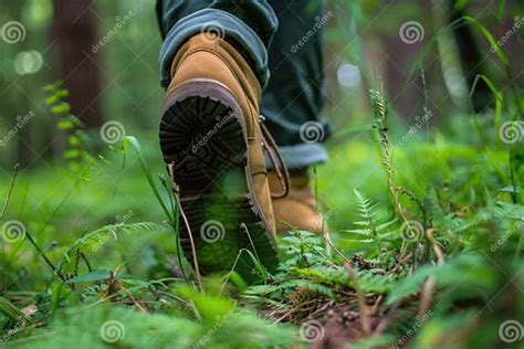 A Close-up of a Hikers Foot Stepping through Lush Green Undergrowth, Revealing the Textured Sole ...