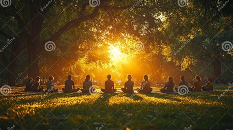 Group of People Meditating Outdoors at Sunset in a Serene Park Setting ...