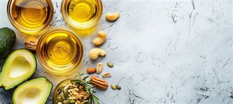 Assorted Healthy Fats with Avocado, Nuts, Seeds, and Olive Oil on Table ...