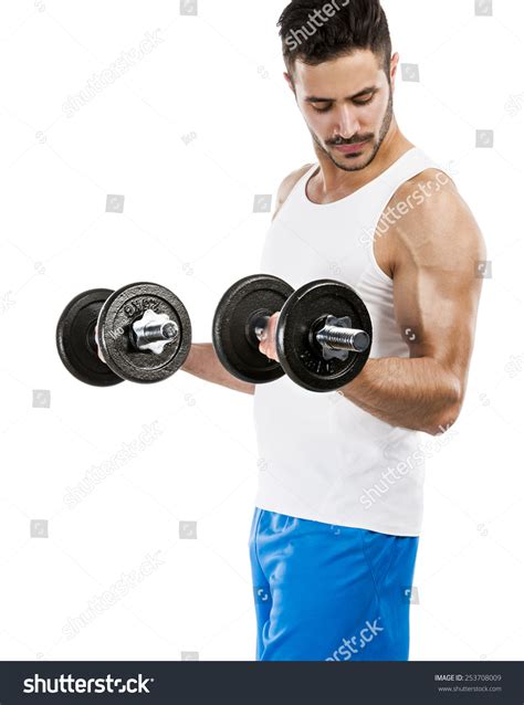 Portrait Muscular Man Lifting Weights Isolated Stock Photo 253708009 ...