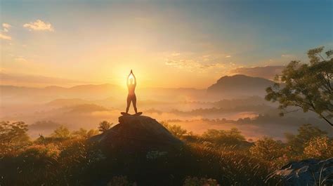 A man stands on a rock with the sun rising behind him | Premium AI ...