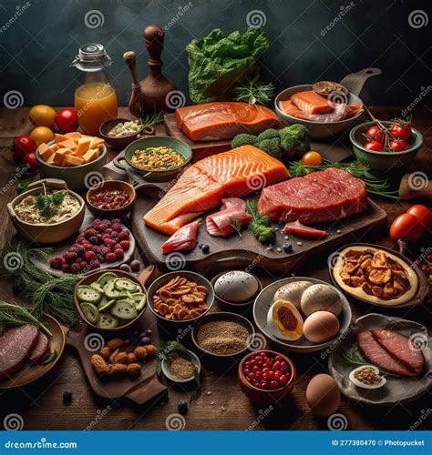 Variety of High Protein Foods on Wooden Table Stock Illustration ...