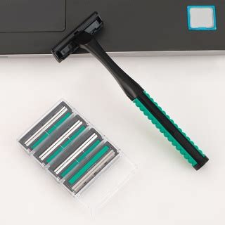 2 Sharp Razor Blades Stainless Steel 2 Layer Blade Green Handle Manual ...