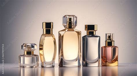 High end perfume bottles of different sizes for a size guide stacked side by side in front of a ...
