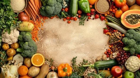 Vibrant Assortment of Fresh Vegetables and Fruits on Rustic Background ...