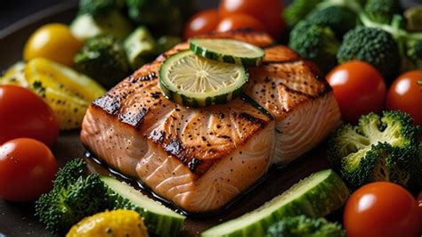 Healthy dinner with grilled salmon and vegetables | Premium AI ...