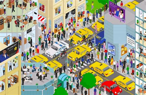 busy pictures for esl | Drawing people, City cartoon, Scene drawing