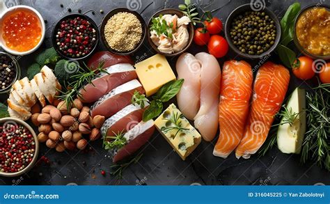 Assorted Lean Proteins Like Turkey Chicken Cheese and Fish for a Balanced Diet. Concept Protein ...