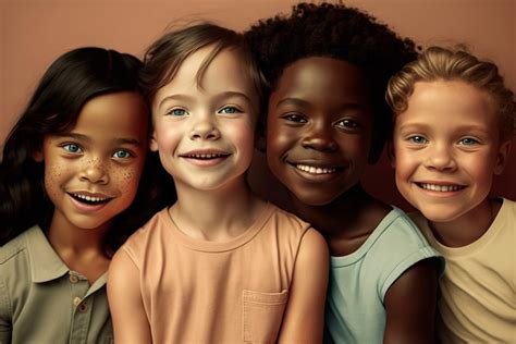 A group of smiling children of different skin tones and nationalities ...