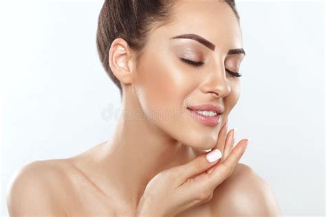 Beautiful Smiling Woman with Healthy Smooth Facial Clean Skin Applying ...