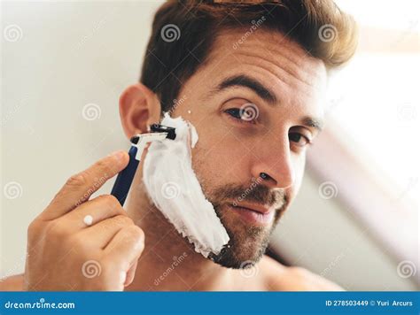 Portrait, Man and Shaving Face with Razor for Hair Removal, Aesthetic Skincare and Morning ...