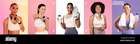 Diverse group of women engaging in fitness activities with workout gear ...