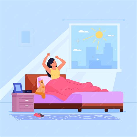 Premium Vector | Wakeup woman Morning sunlight and stretching beautiful ...