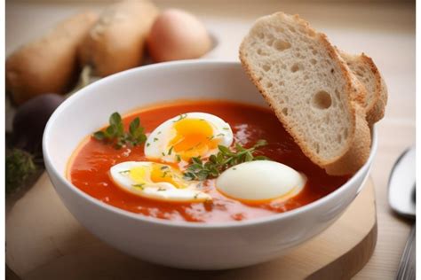 Tomato soup eggs bowl with fresh bread. Generate Ai
