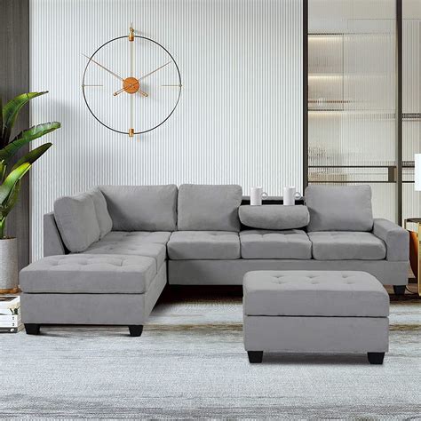 3 Piece Convertible Sectional Sofa L-Shaped Couch with Reversible Chaise Lounge Storage Ottoman ...