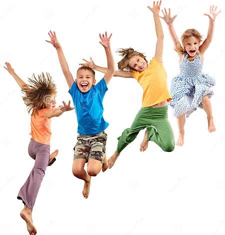 Group of Happy Barefeet Cheerful Sportive Children Jumping and Dancing ...