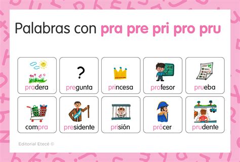 Palabras con pra, pre, pri, pro, pru (ejemplos y oraciones)