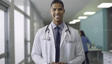a beautiful smiling young male doctor in front of a blurry white hospital laboratorium ...