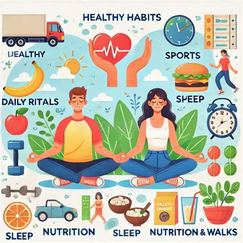 Illustration of Healthy Habits Including Exercise, Nutrition, Sleep ...