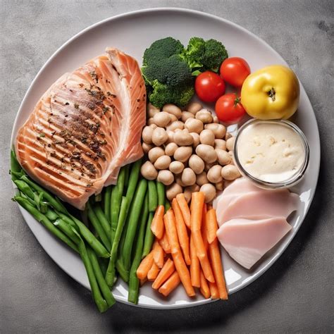 Balanced plate of nutritious protein fats and carbs | Premium AI ...
