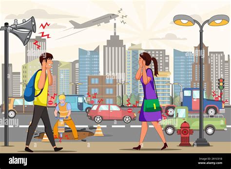 Noise pollution and its cause vector illustration. People suffering ...