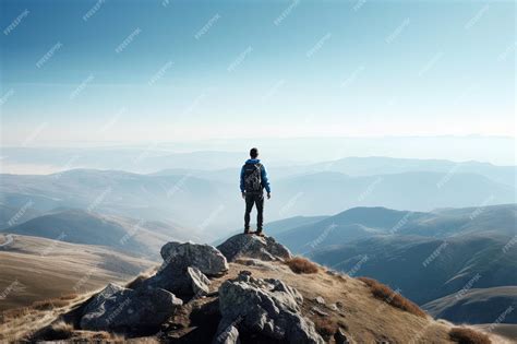 Premium Photo | A man stands on a mountain top and looks out at the ...