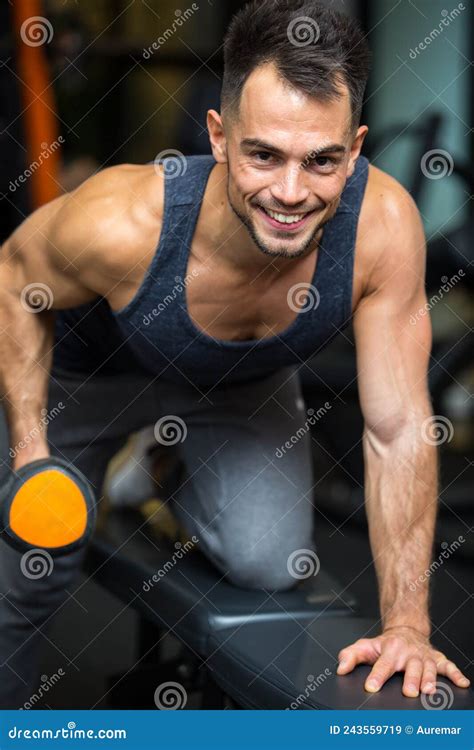 Smiling Fit Man Doing One-arm Dumbbell Rows on Bench Stock Image - Image of training, strong ...