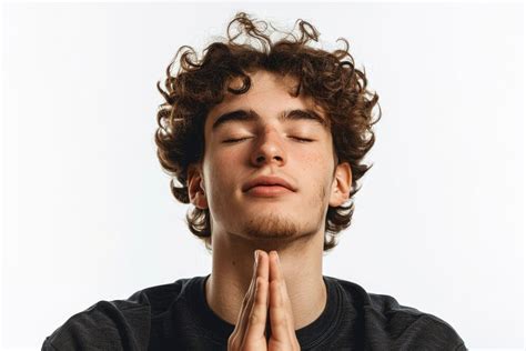 Handsome man meditating for stress relief positive emotions shown ...