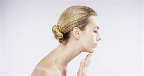 Close Up Of Beautiful Healthy Woman Stroking Neck Touching Smooth Skin In Slow Motion For Beauty ...
