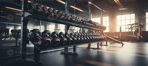 Gym interior background of dumbbells on rack in fitness and workout ...