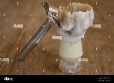 razor brush and shaving soap tools to shave at home Stock Photo - Alamy