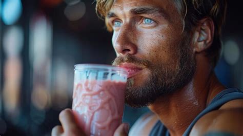 Premium Photo | An athlete drinks a protein shake at the gym
