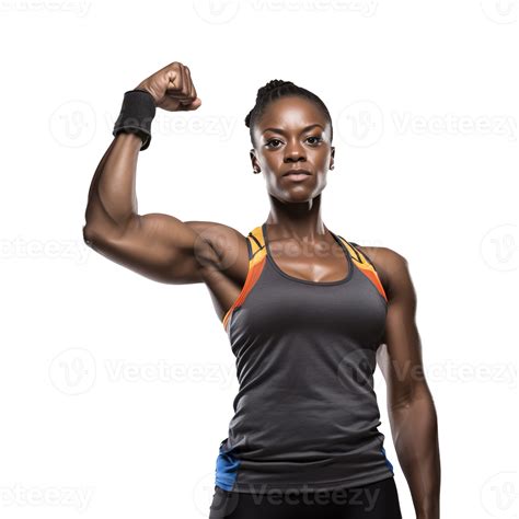Smiling Female Athlete Flexing Muscle, Empowered and Strong, Isolated ...