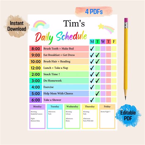 Kids Daily Schedule Rainbow Color | Organize Child's Daily Routine ...