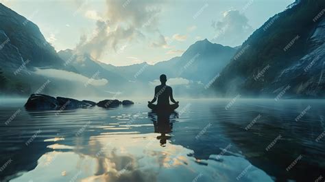 Silhouette of a Person Meditating on a Calm Lake with Mountain Background | Premium AI-generated ...