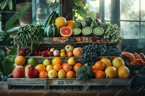Fresh Fruit and Vegetables Display in Wooden Crate Still Life Illustration | Premium AI ...