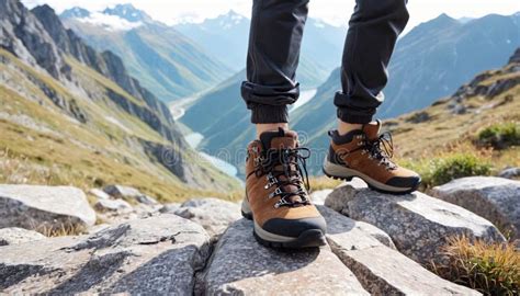 Hiking Boot. Close-up of Female Legs in Hiking Boots on a Hiking Trail, on Top of a Mountain ...