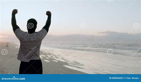 Beach, Excited Man and Celebration for Fitness Achievement, Run and ...