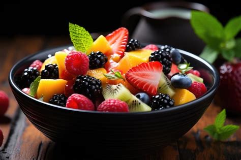 Premium Photo | A vibrant bowl of fresh fruit salad with a colorful mix of berries melon and ...