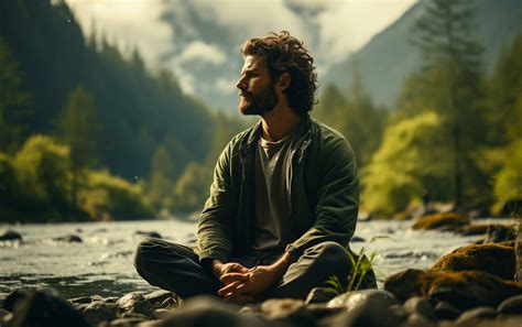A man practicing mindfulness and meditation in a peaceful natural ...